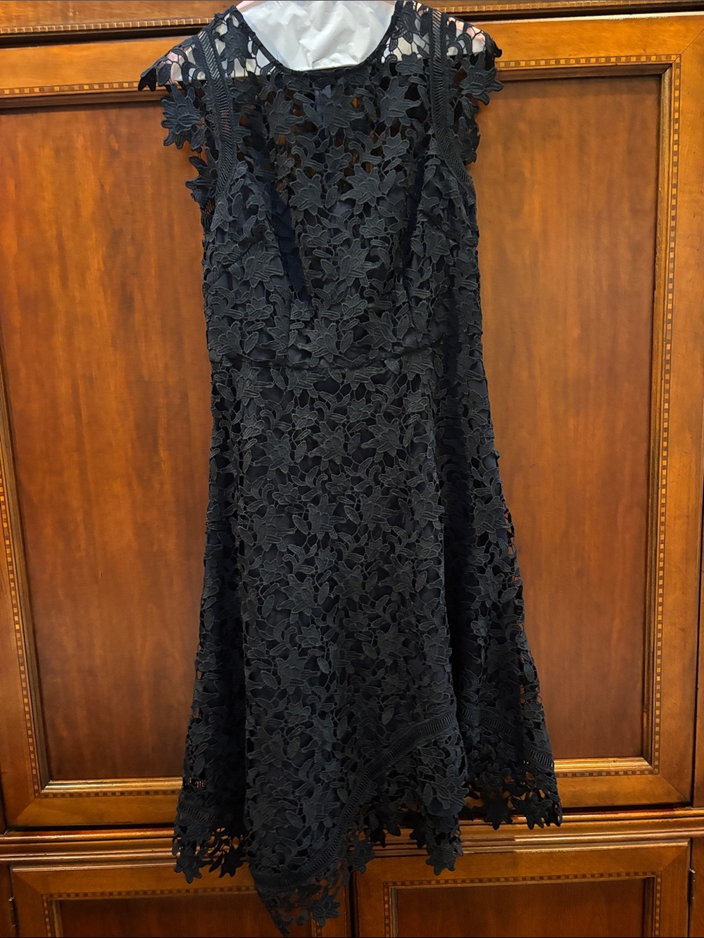 Eliza J navy lace asymmetrical cocktail dress